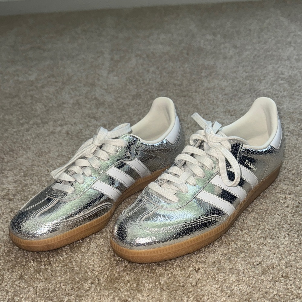 adidas Silver Iridescent Samba Sneakers with White Stripes